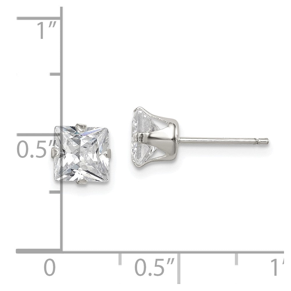 Sterling Silver Polished Princess 6mm CZ Snap Set Stud Earrings