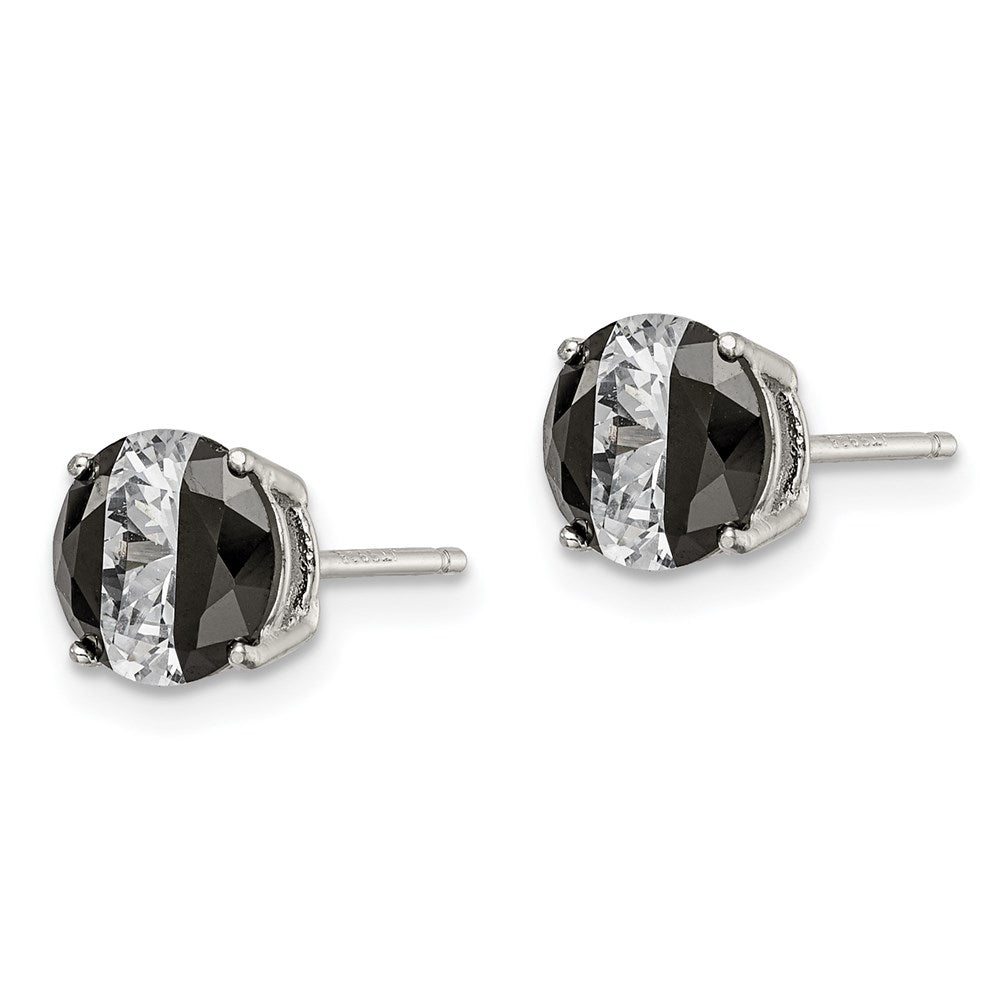 Sterling Silver RH-pltd Black/White 7mm Round CZ Basket Set Stud Earrings