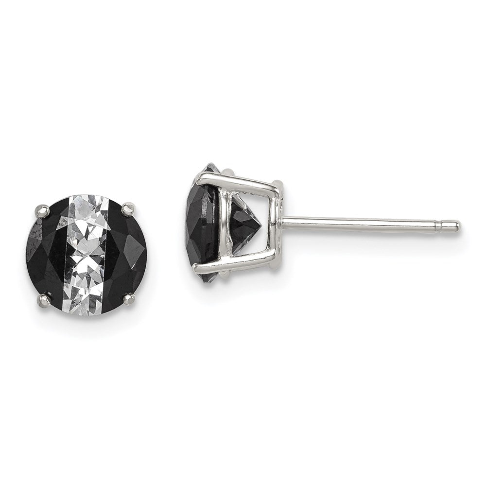 Sterling Silver RH-pltd Black/White 7mm Round CZ Basket Set Stud Earrings