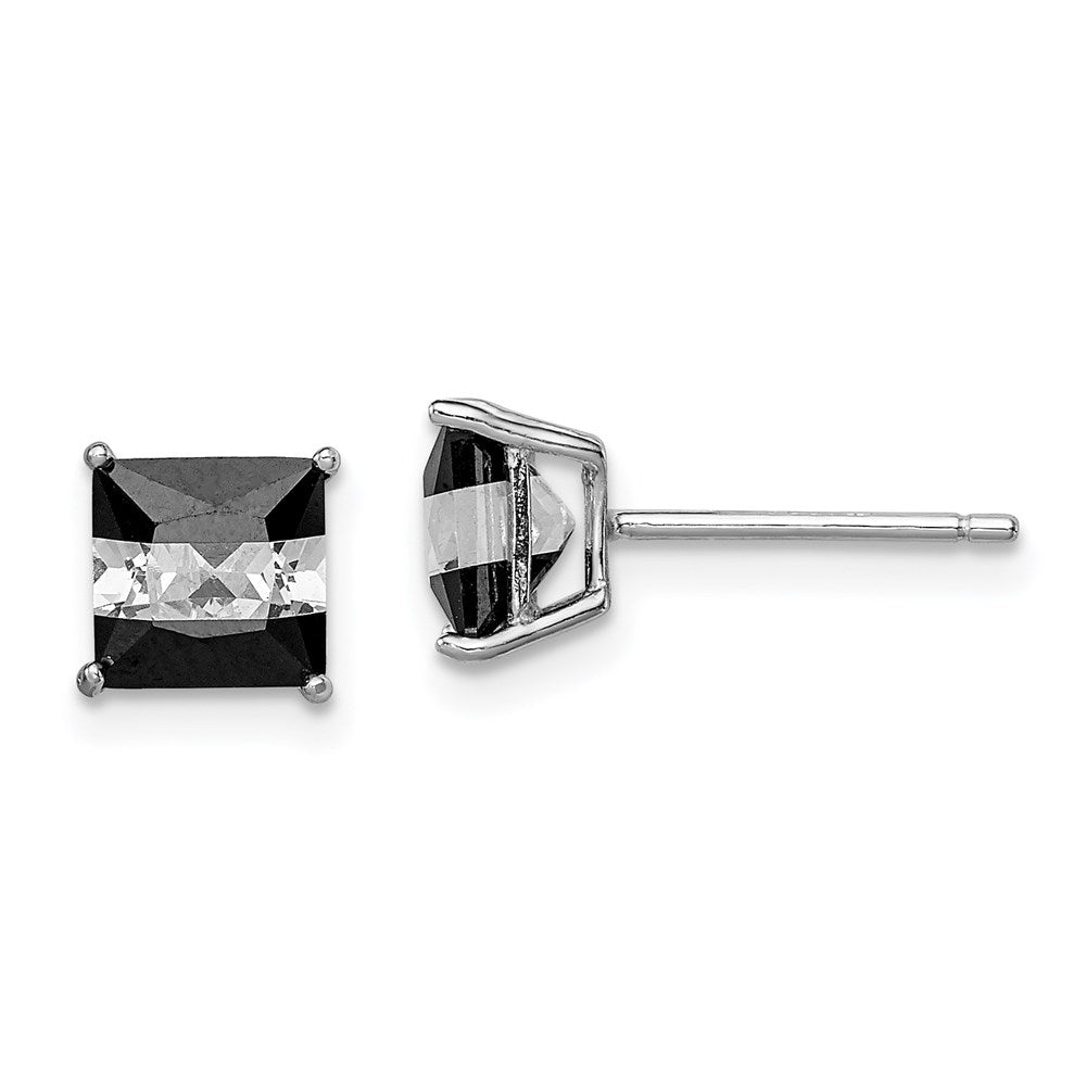 Sterling Silver RH-plated Black & White Square 6mm CZ Stud Earrings