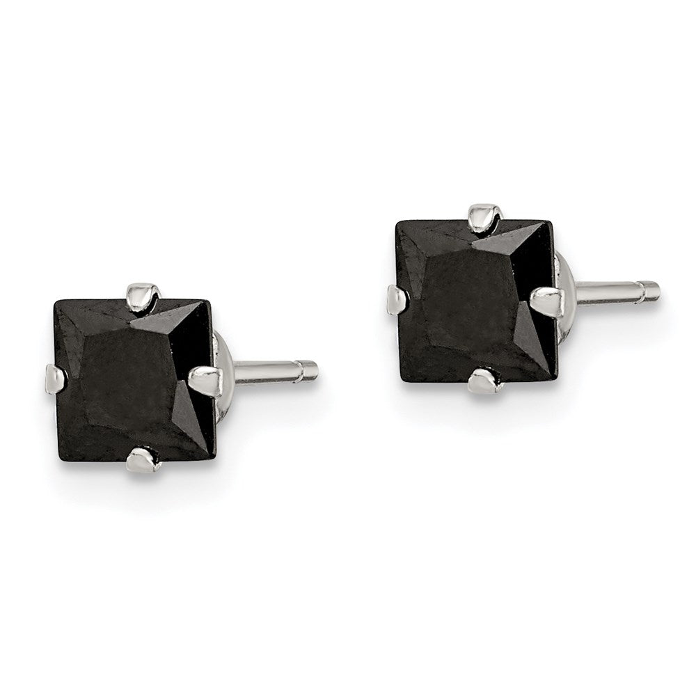 Sterling Silver Polished Black Square 5mm CZ Snap-in Set Stud Earrings