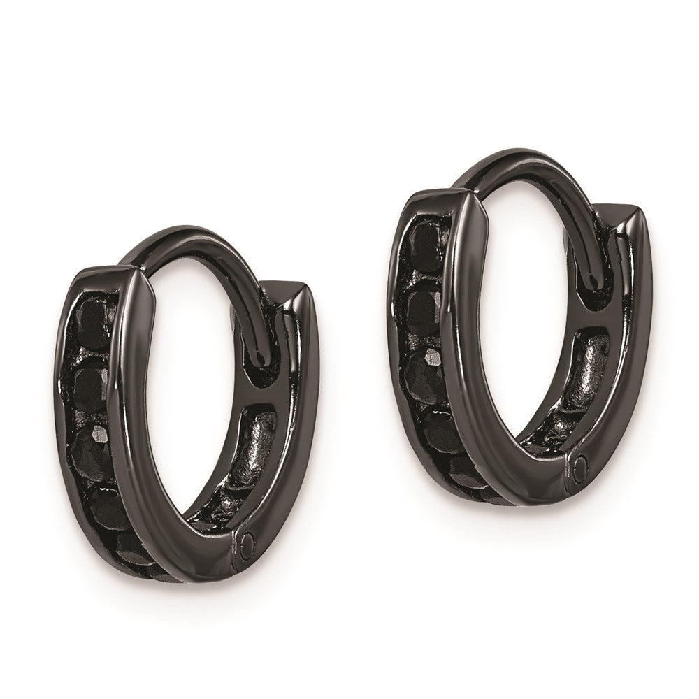 Sterling Silver Black RH-plated Black CZ Hinged Round Hoop Earrings