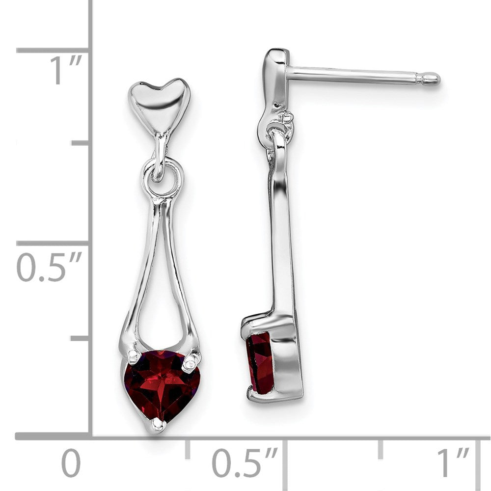 Sterling Silver Rhodium-plated Polished Garnet Heart Post Dangle Earrings