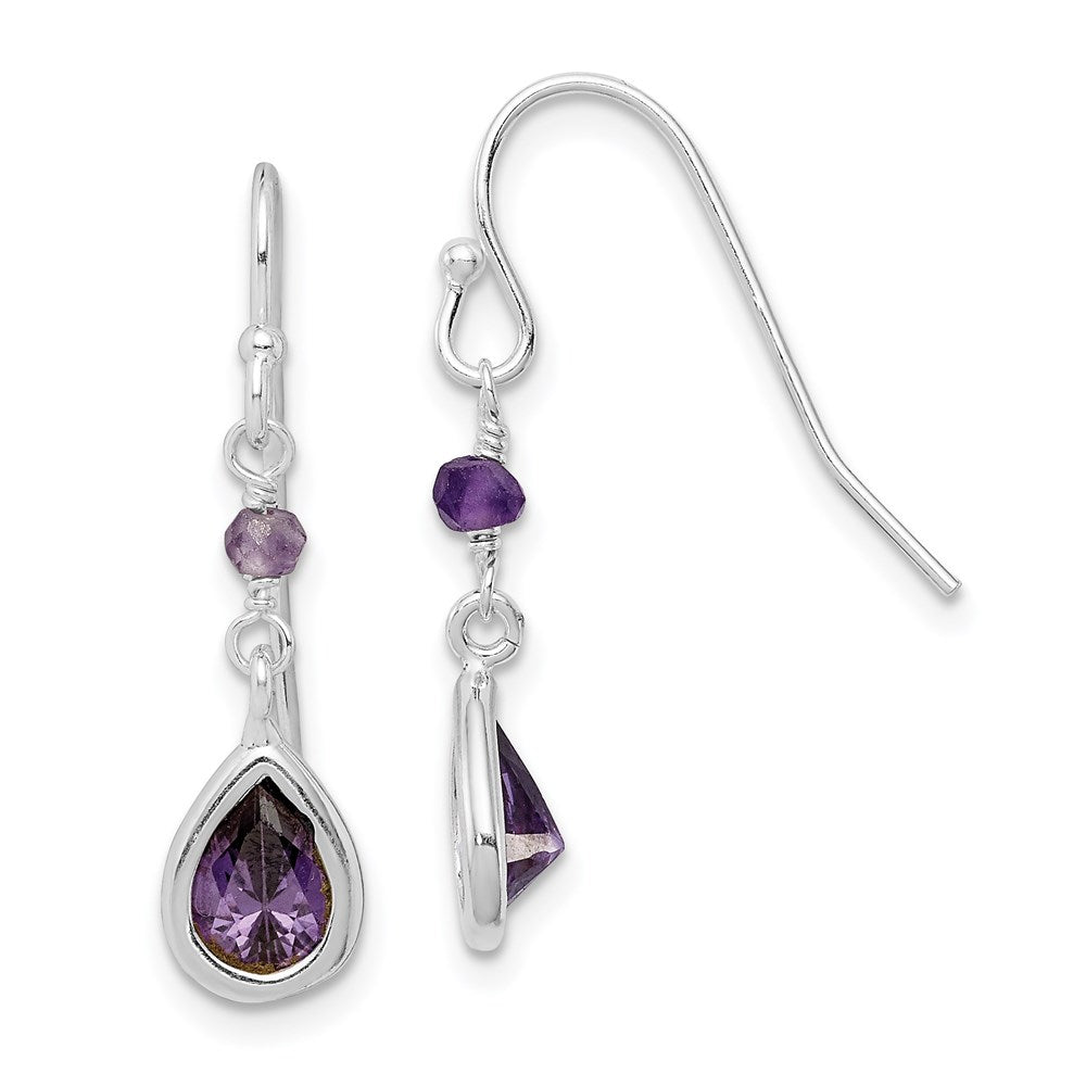 Sterling Silver Rhodium-plated Polish Purple CZ Teardrop Dangle Earrings