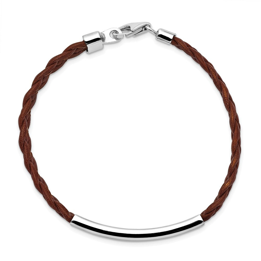 Sterling Silver Rhodium-plated Brown Braided Leather Bracelet