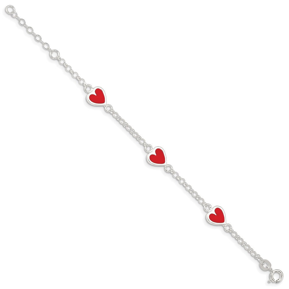 Sterling Silver Polished & Red Enamel Heart w/ 1in ext Children's Bracelet