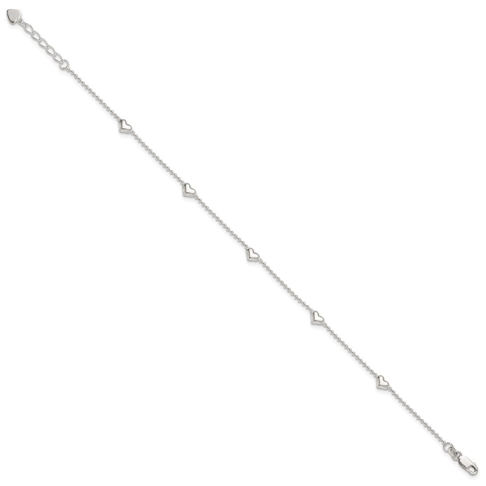 Sterling Silver Dangling Heart 9in Plus 1in ext Anklet