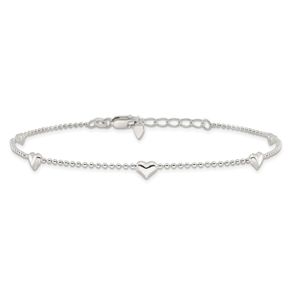 Sterling Silver Dangling Heart 9in Plus 1in ext Anklet