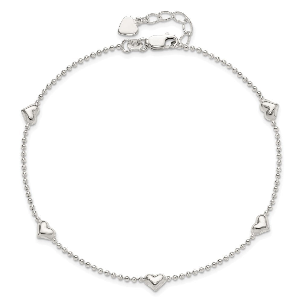 Sterling Silver Dangling Heart 9in Plus 1in ext Anklet