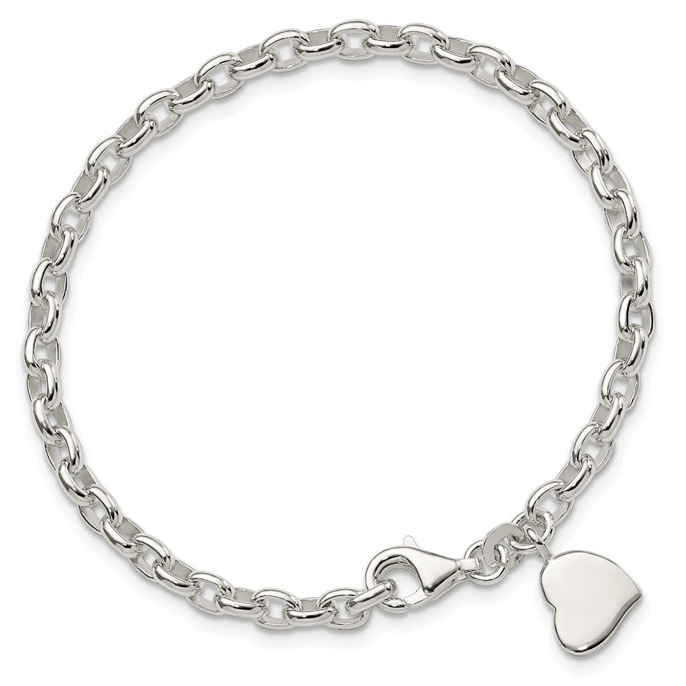 Sterling Silver Oval Rolo with Solid Engraveable Heart Bracelet