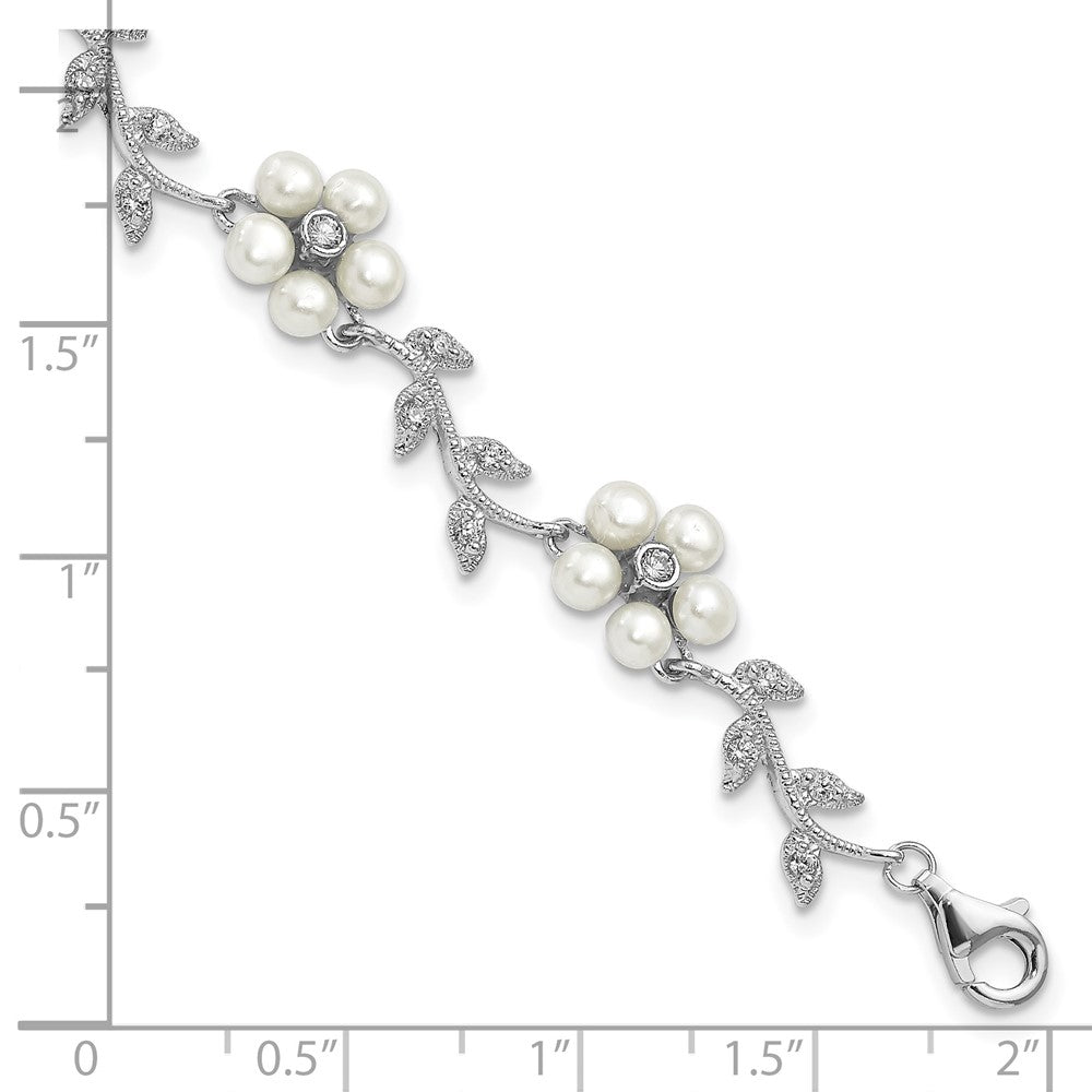 Sterling Silver Rhodium-plated CZ Vine Pattern and Fresheater Cultured Pearl Floral 7 inch Bracelet