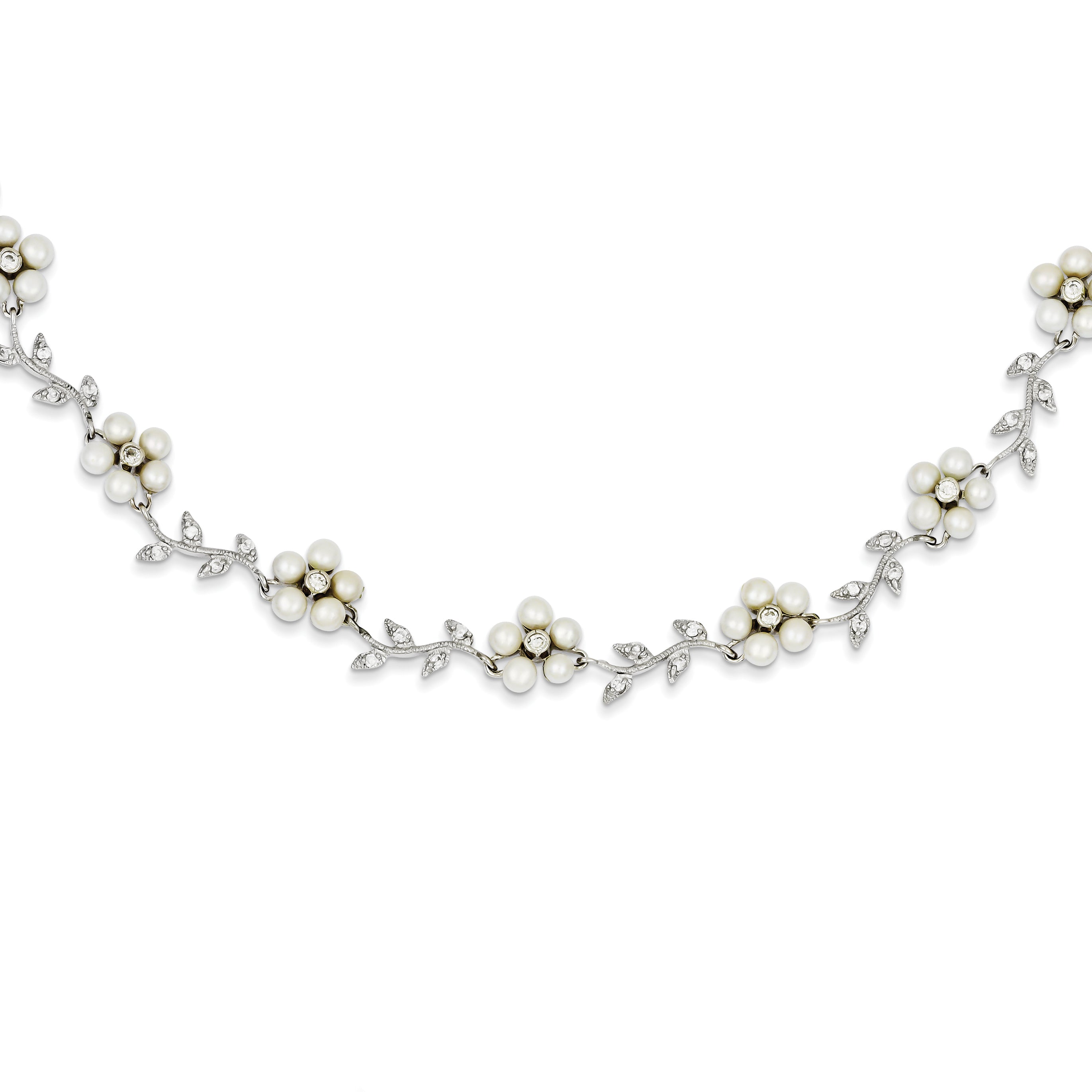 Sterling Silver Rhodium FW Cultured Pearl and CZ Floral Necklace QG1805