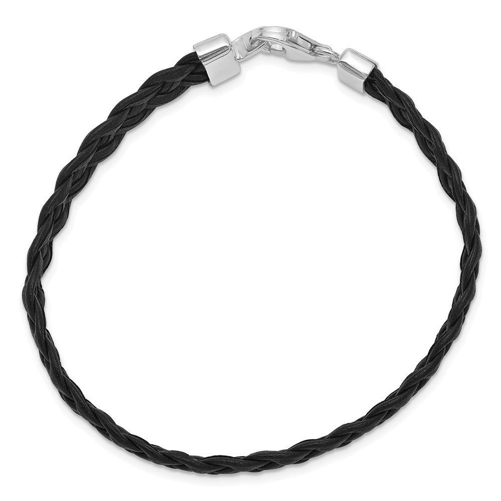 Sterling Silver Rhodium-plated Black Braided Leather Bracelet