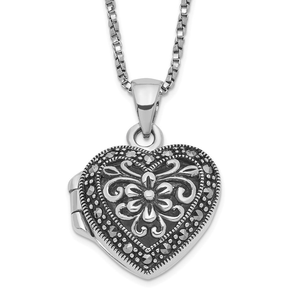 Sterling Silver Rhod-pltd Floral Marcasite Heart Locket 18in Necklace