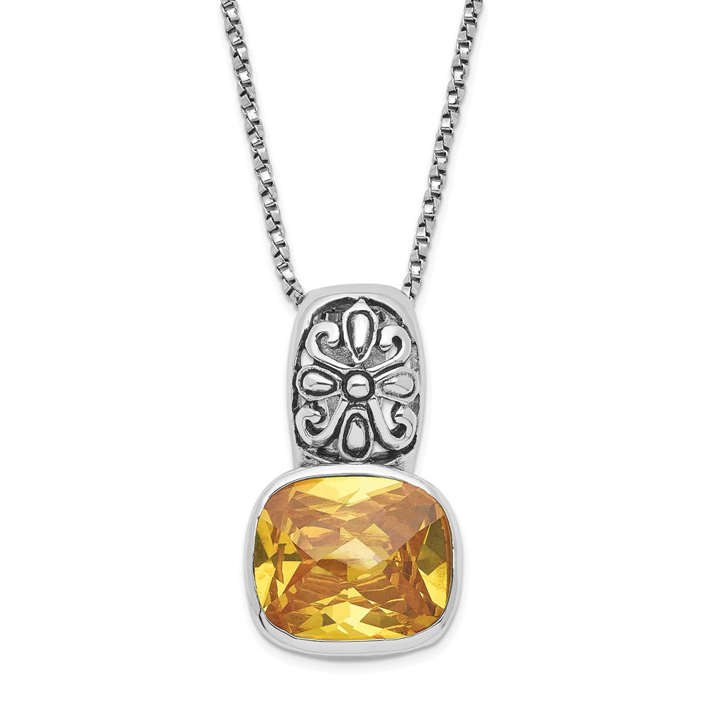 Sterling Silver Polished & Antiqued Yellow CZ Necklace