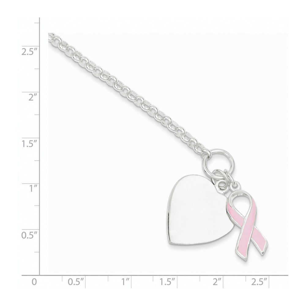 Sterling Silver Fancy Engraveable Heart with Pink Ribbon Bracelet