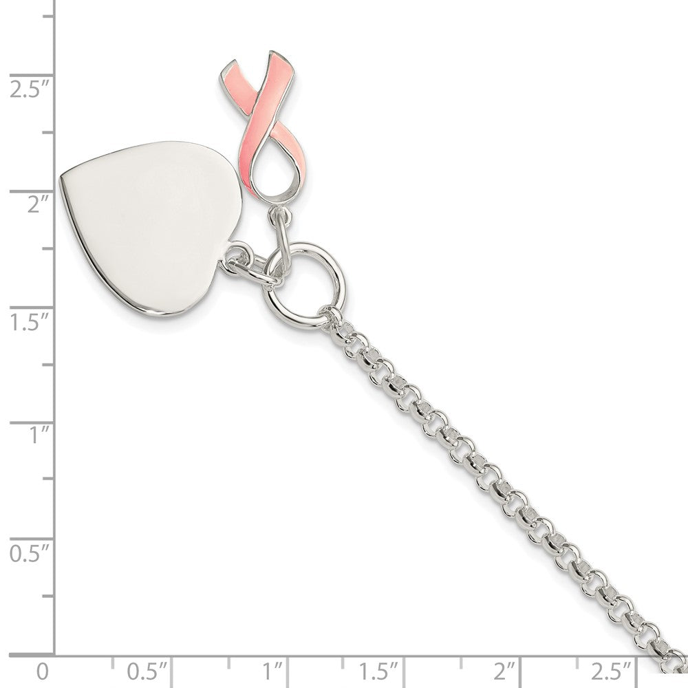 Sterling Silver Fancy Engraveable Heart with Pink Ribbon Bracelet