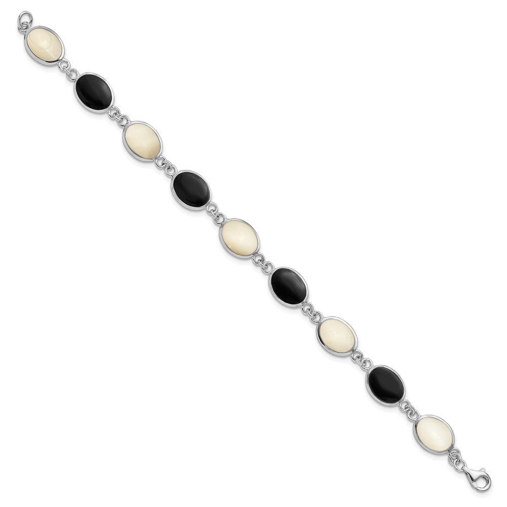 Sterling Silver Rhodium-plated Onyx and Mother of Pearl Bracelet