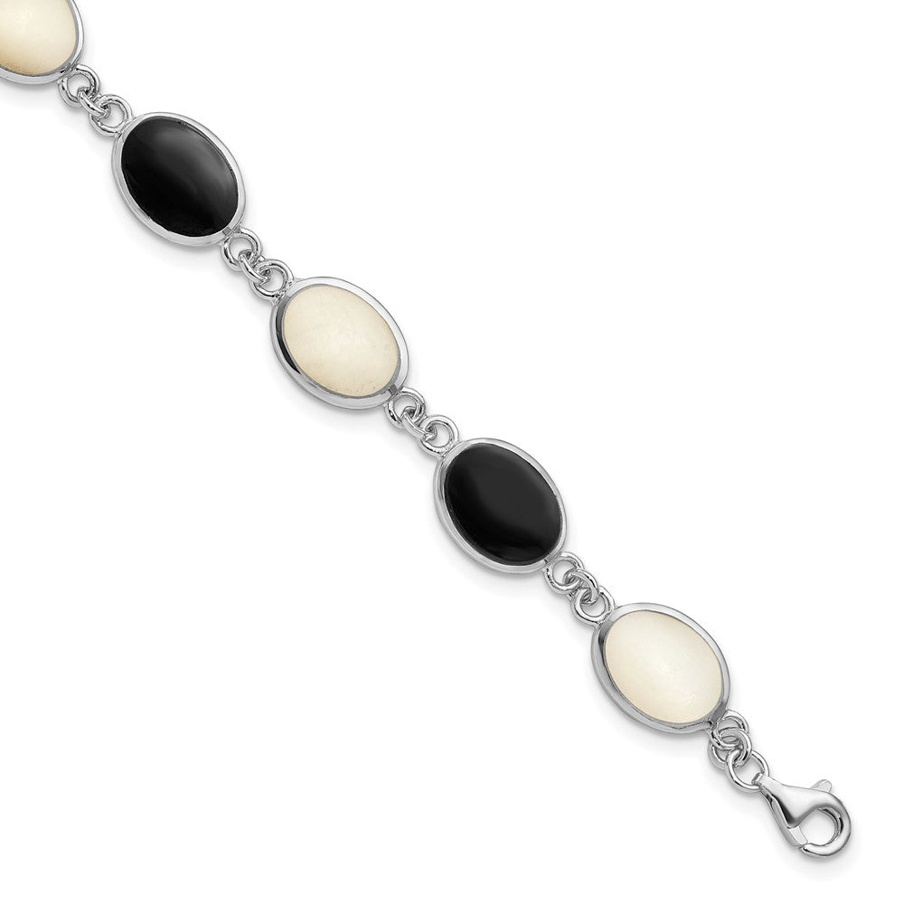 Sterling Silver Rhodium-plated Onyx and Mother of Pearl Bracelet