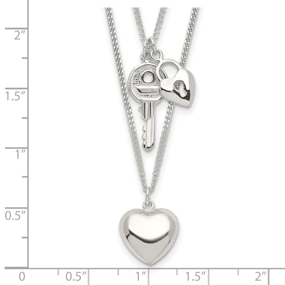 Sterling Silver 2-Strand Heart and Key Necklace