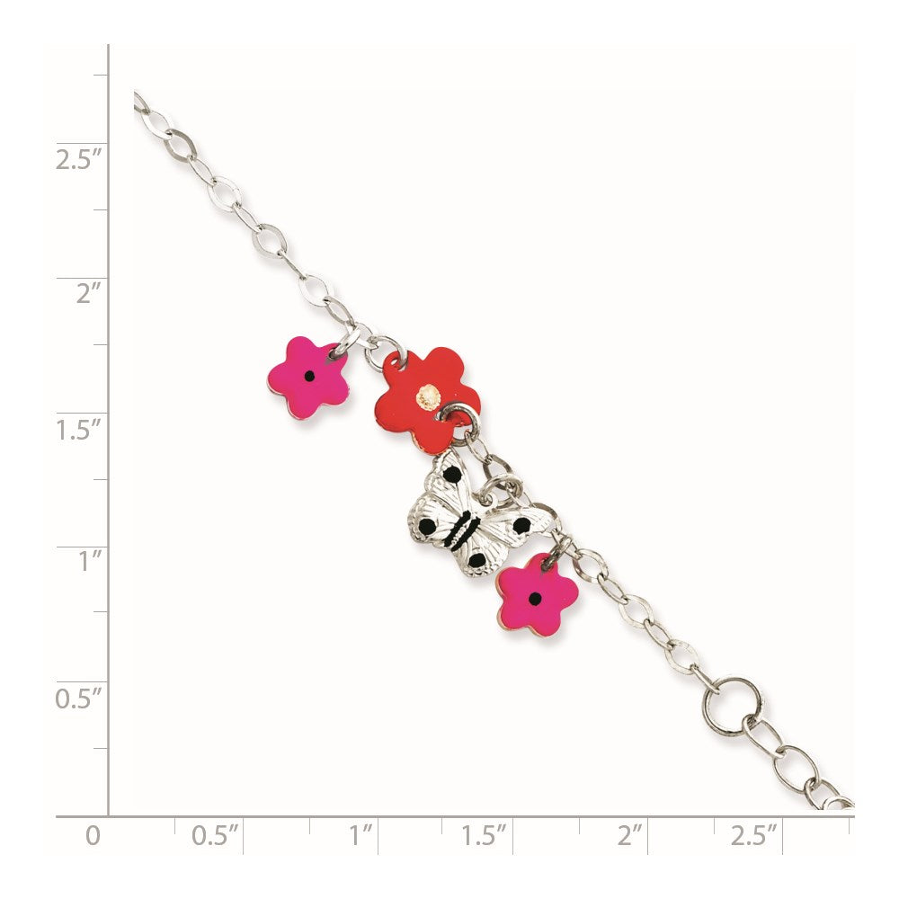 Sterling Silver Polished & Textured Multi-color Enameled Floral Butterfly with 1 Inch Extension Children's ID Bracelet