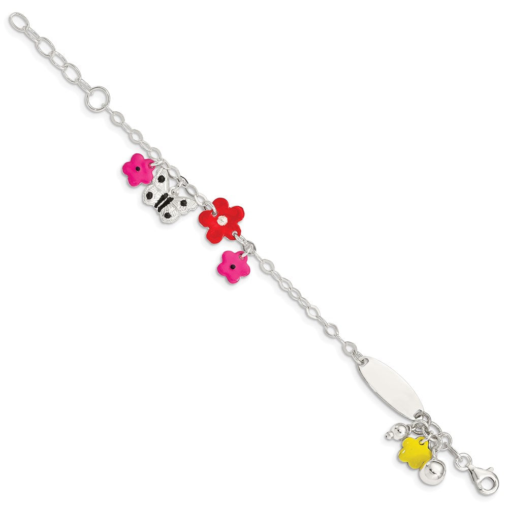 Sterling Silver Polished & Textured Multi-color Enameled Floral Butterfly with 1 Inch Extension Children's ID Bracelet