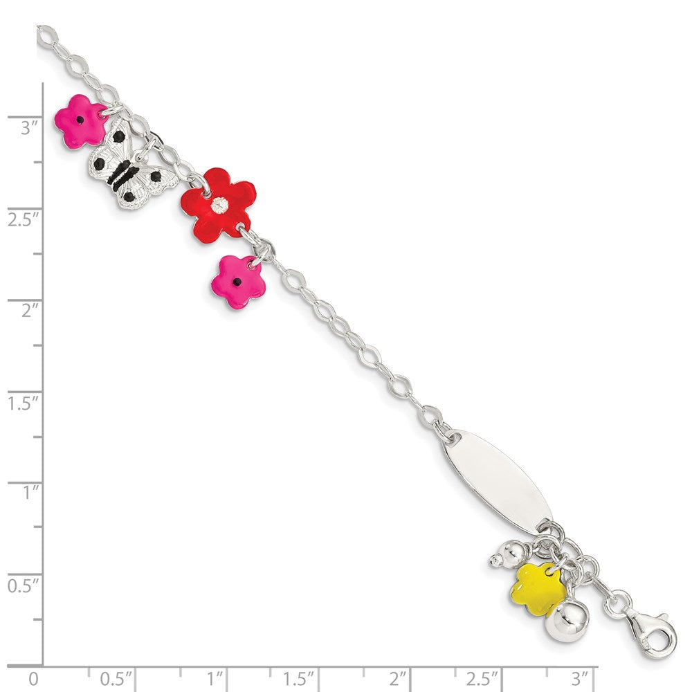 Sterling Silver Polished & Textured Multi-color Enameled Floral Butterfly with 1 Inch Extension Children's ID Bracelet