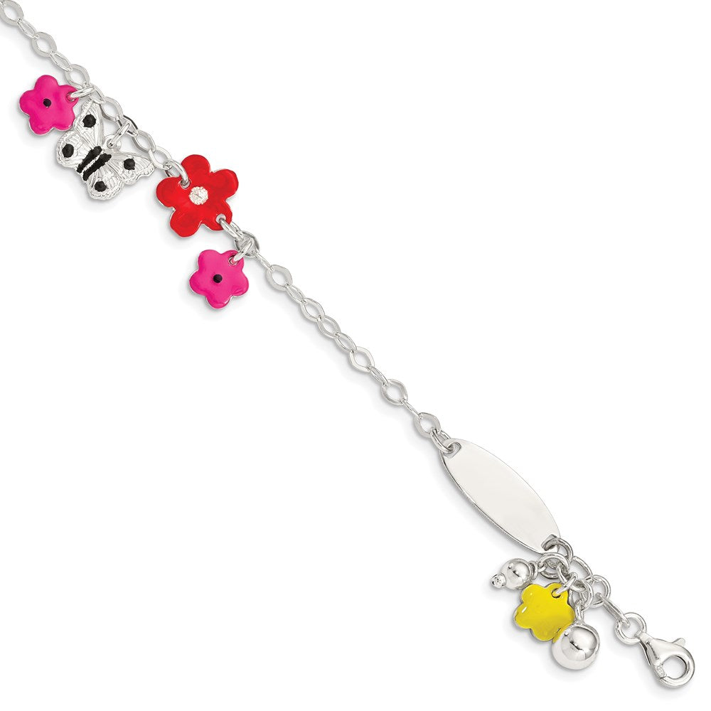 Sterling Silver Polished & Textured Multi-color Enameled Floral Butterfly with 1 Inch Extension Children's ID Bracelet