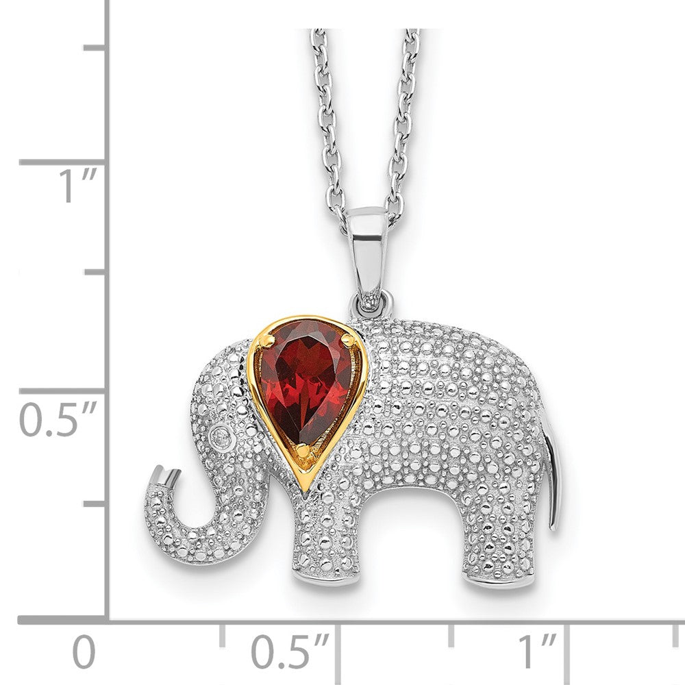 Brilliant Gemstones Sterling Silver with 14K Accent Rhodium-plated Garnet and Diamond Elephant 18 Inch Necklace with 2 Inc...