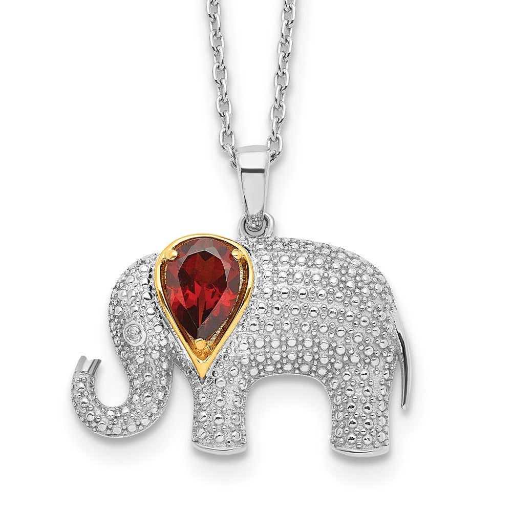 Brilliant Gemstones Sterling Silver with 14K Accent Rhodium-plated Garnet and Diamond Elephant 18 Inch Necklace with 2 Inc...