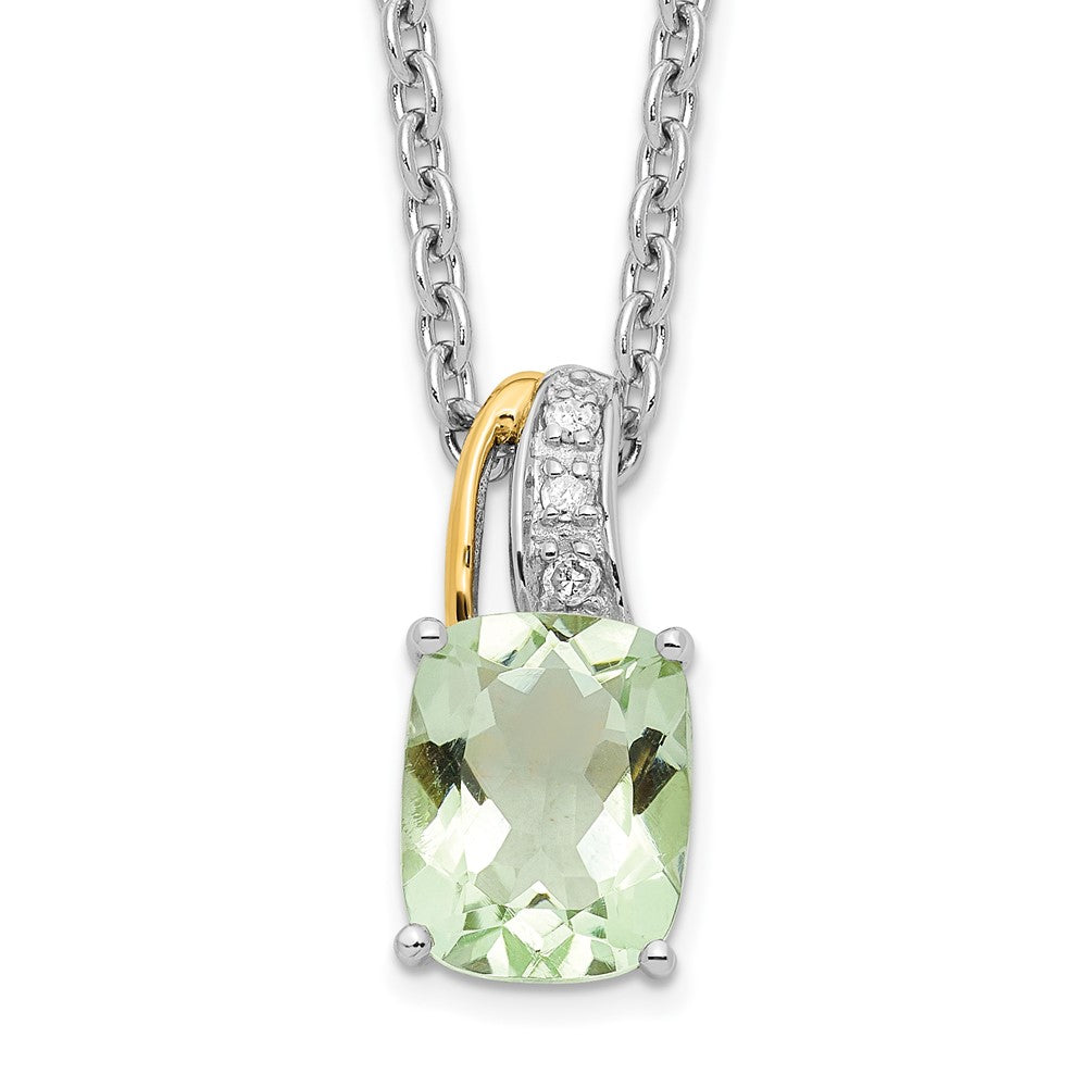 Brilliant Gemstones Sterling Silver with 14K Accent Rhodium-plated Green Quartz and Diamond 18 Inch Necklace with 2 Inch E...