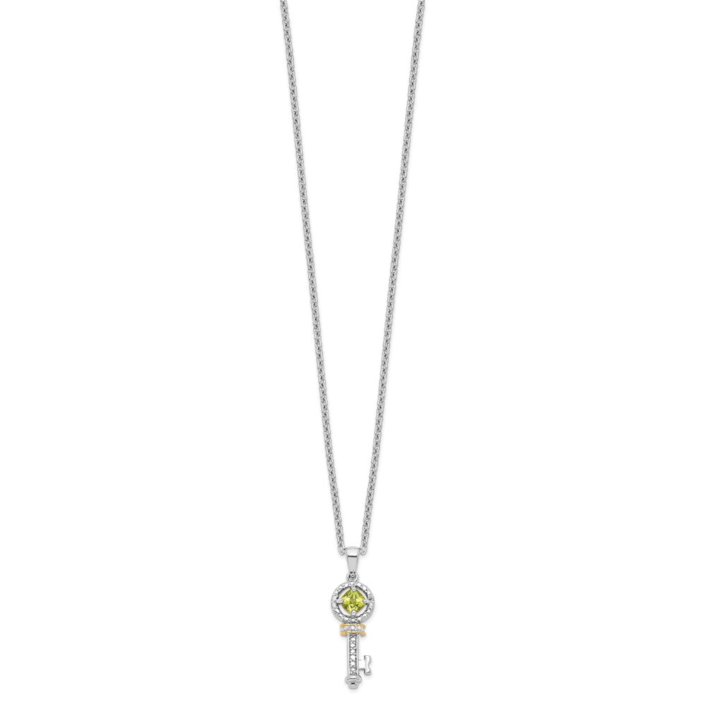 Brilliant Gemstones Sterling Silver with 14K Accent Rhodium-plated Peridot and Diamond Key 18 Inch Necklace with 2 Inch Ex...