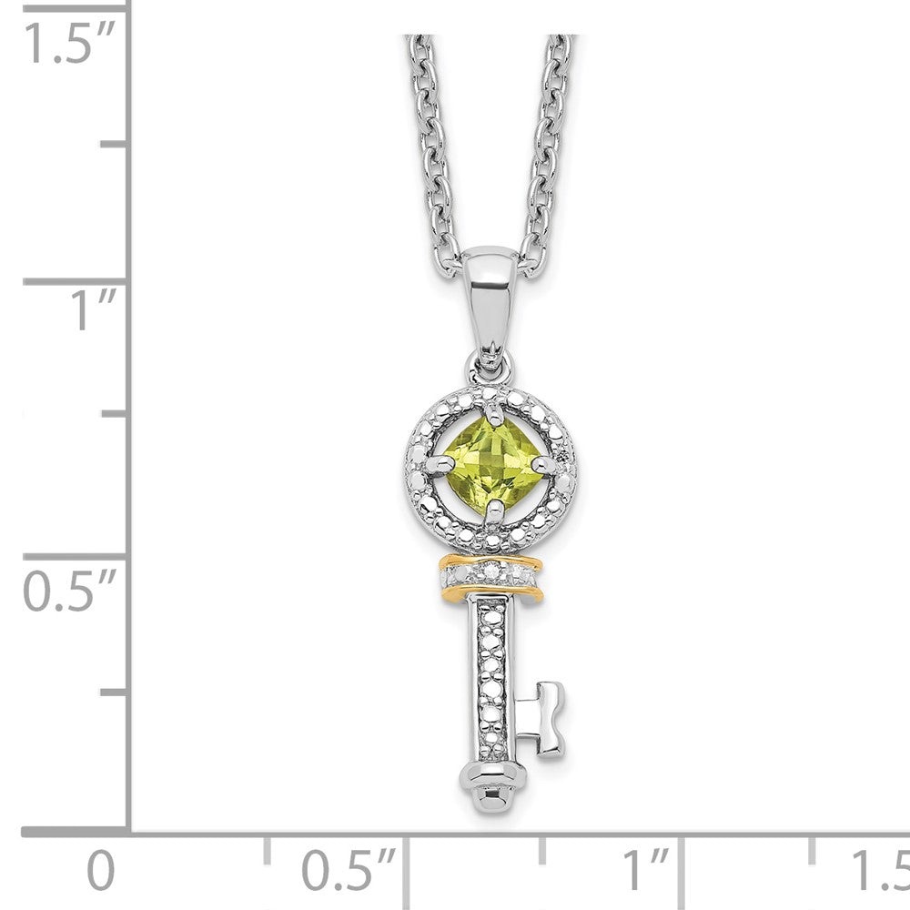 Brilliant Gemstones Sterling Silver with 14K Accent Rhodium-plated Peridot and Diamond Key 18 Inch Necklace with 2 Inch Ex...