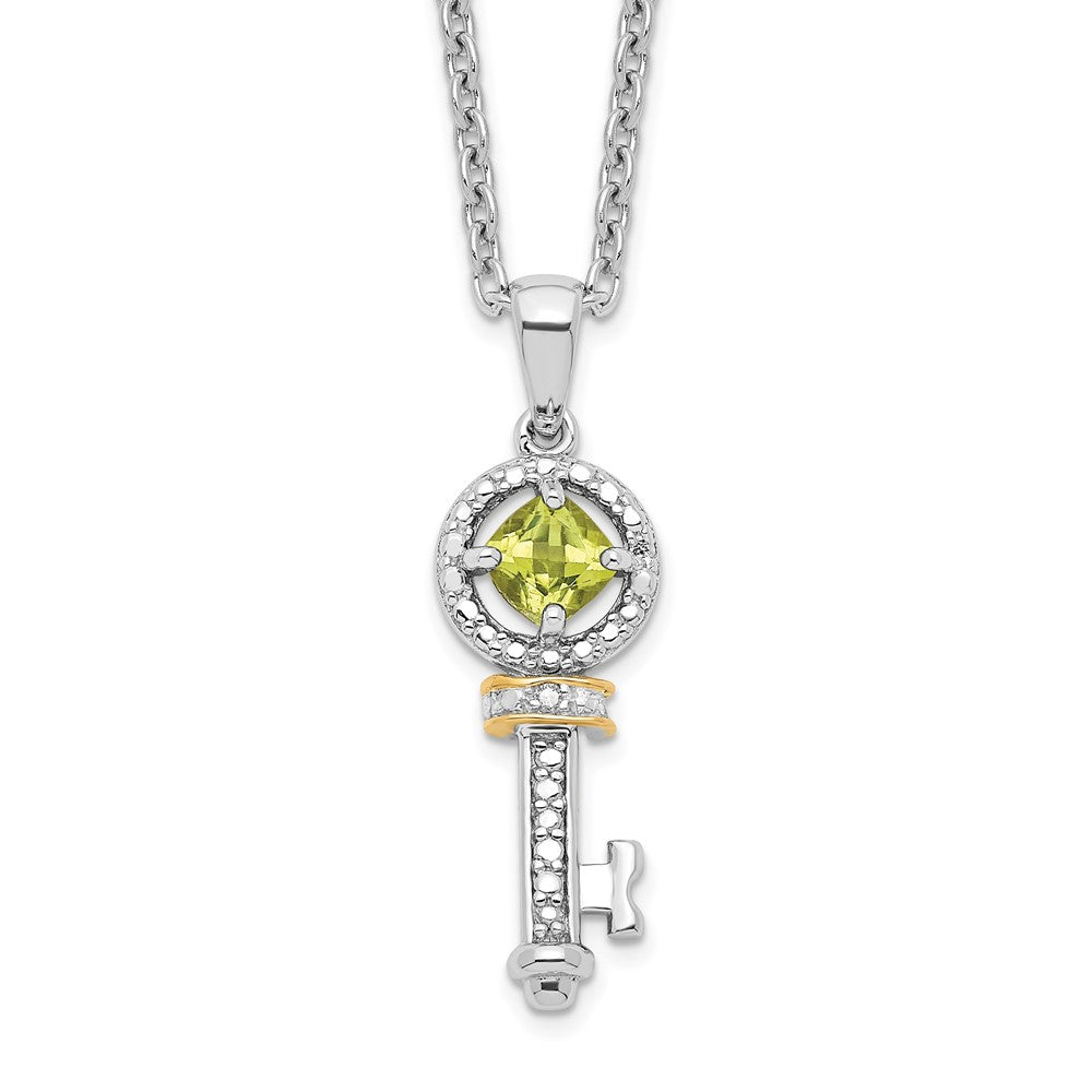 Brilliant Gemstones Sterling Silver with 14K Accent Rhodium-plated Peridot and Diamond Key 18 Inch Necklace with 2 Inch Ex...