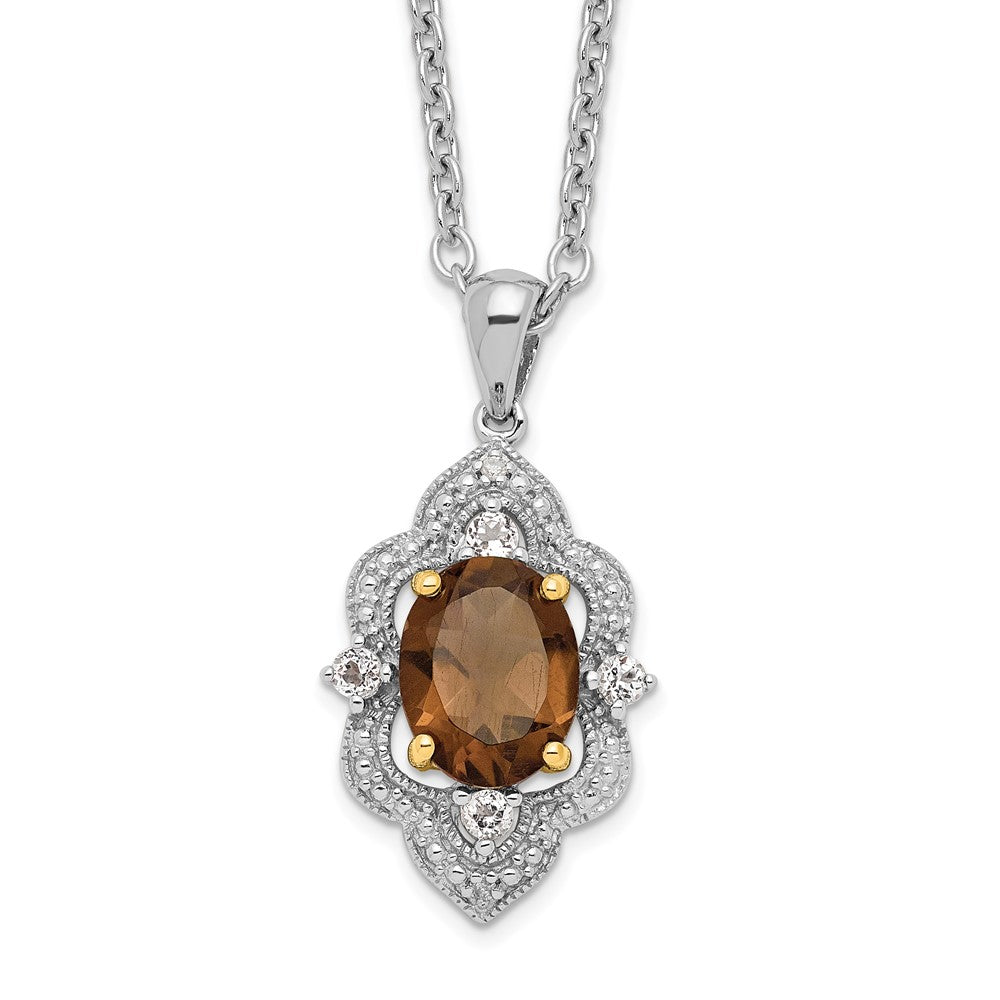 Brilliant Gemstones Sterling Silver with 14K Accent Rhodium-plated Smoky Quartz and White Topaz and Diamond 18 Inch Neckla...