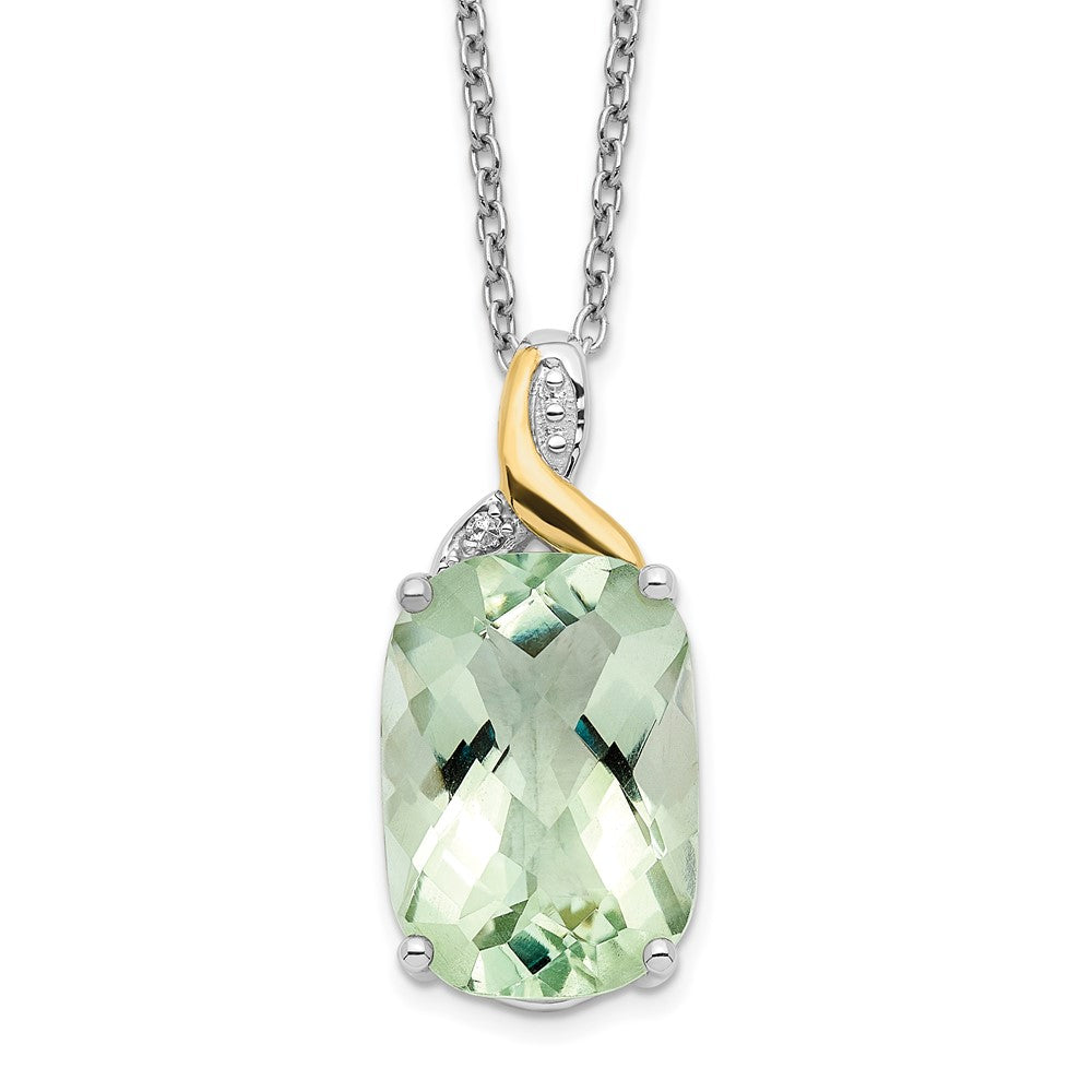 Brilliant Gemstones Sterling Silver with 14K Accent Rhodium-plated Green Quartz and Diamond 18 Inch Necklace with 2 Inch E...