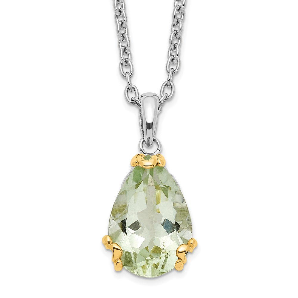 Brilliant Gemstones Sterling Silver with 14K Accent Rhodium-plated Green Quartz 18 Inch Necklace with 2 Inch Extender