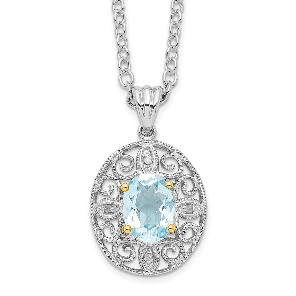 Brilliant Gemstones Sterling Silver with 14K Accent Rhodium-plated Sky Blue Topaz and Diamond 18 Inch Necklace with 2 Inch...