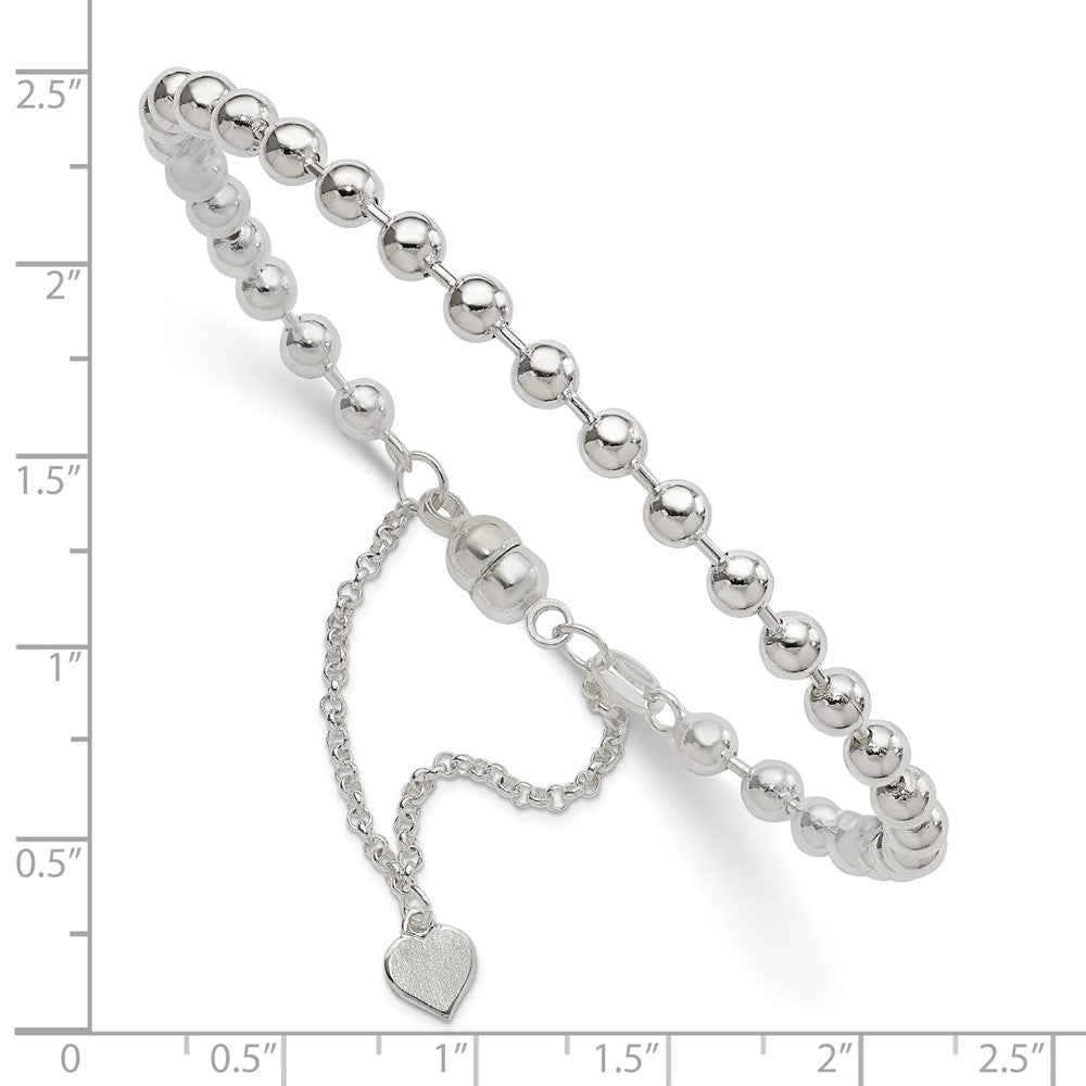 Sterling Silver Polished 4MM Beaded Dangling Heart 7.5 inch Charm Bracelet with Magnetic Clasp