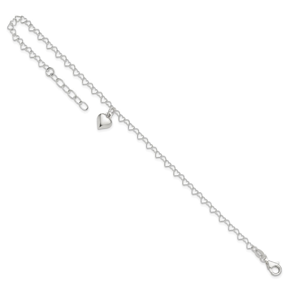 Sterling Silver Polished Fancy Link Puffed Heart 9 in Plus 1in ext. Anklet