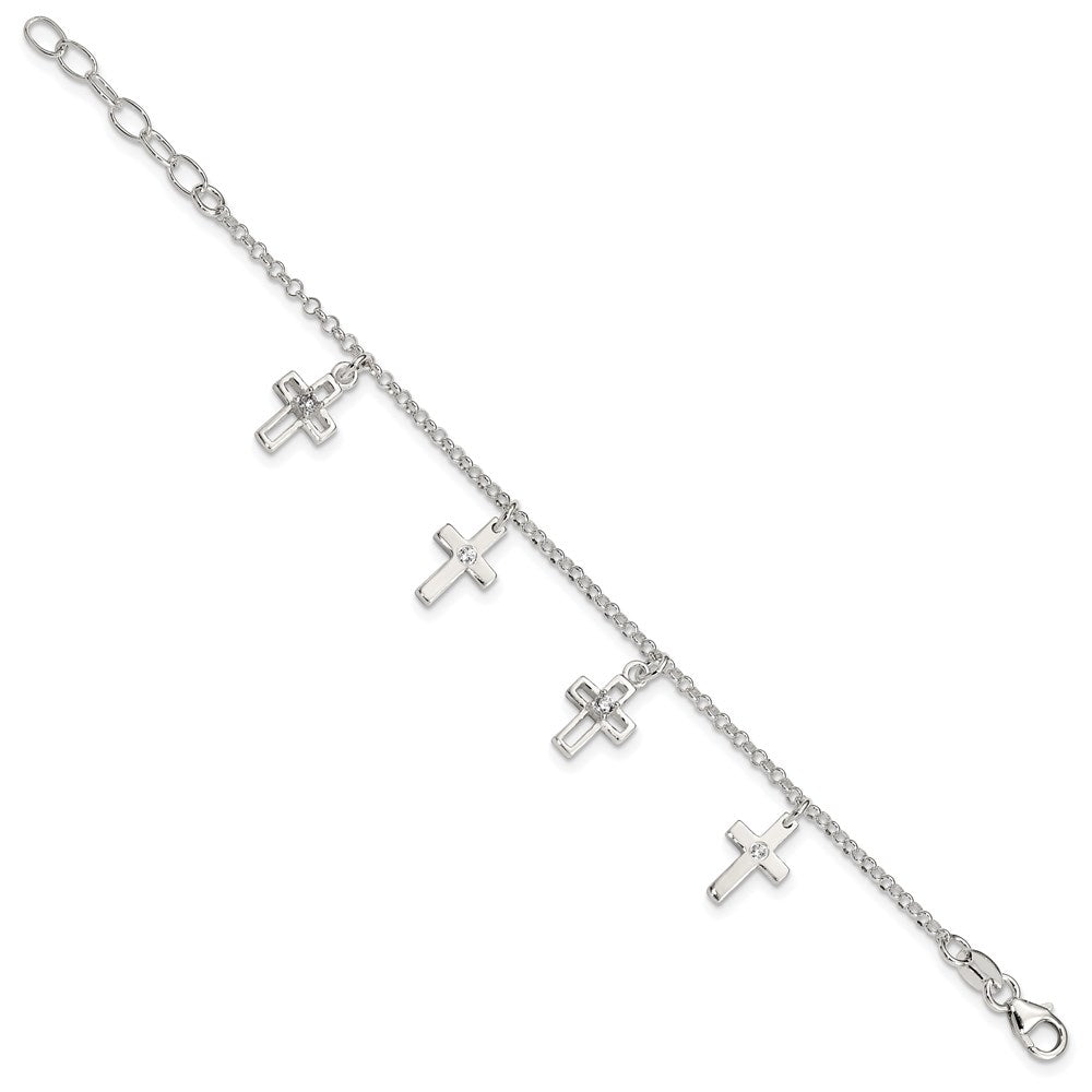 Sterling Silver Polished CZ Crosses w/ 1in Ext. Children's Bracelet