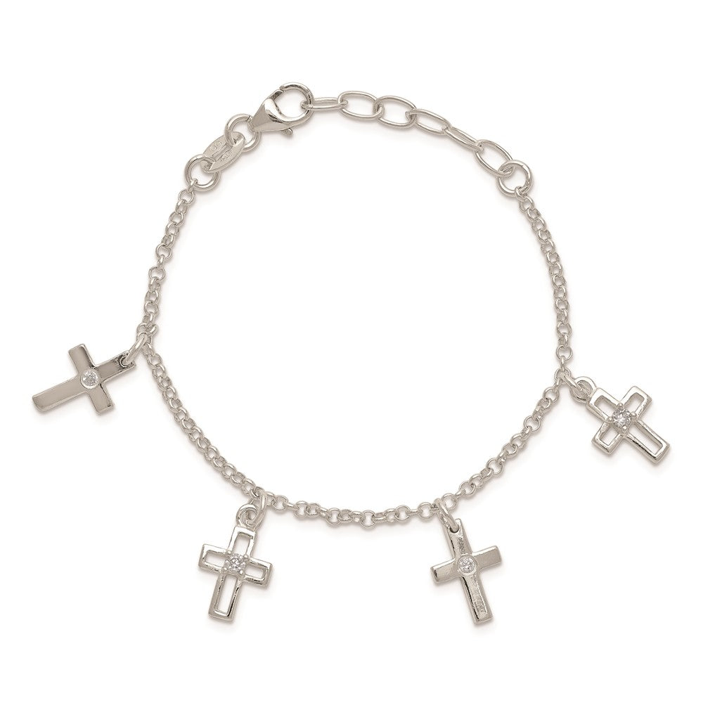 Sterling Silver Polished CZ Crosses w/ 1in Ext. Children's Bracelet