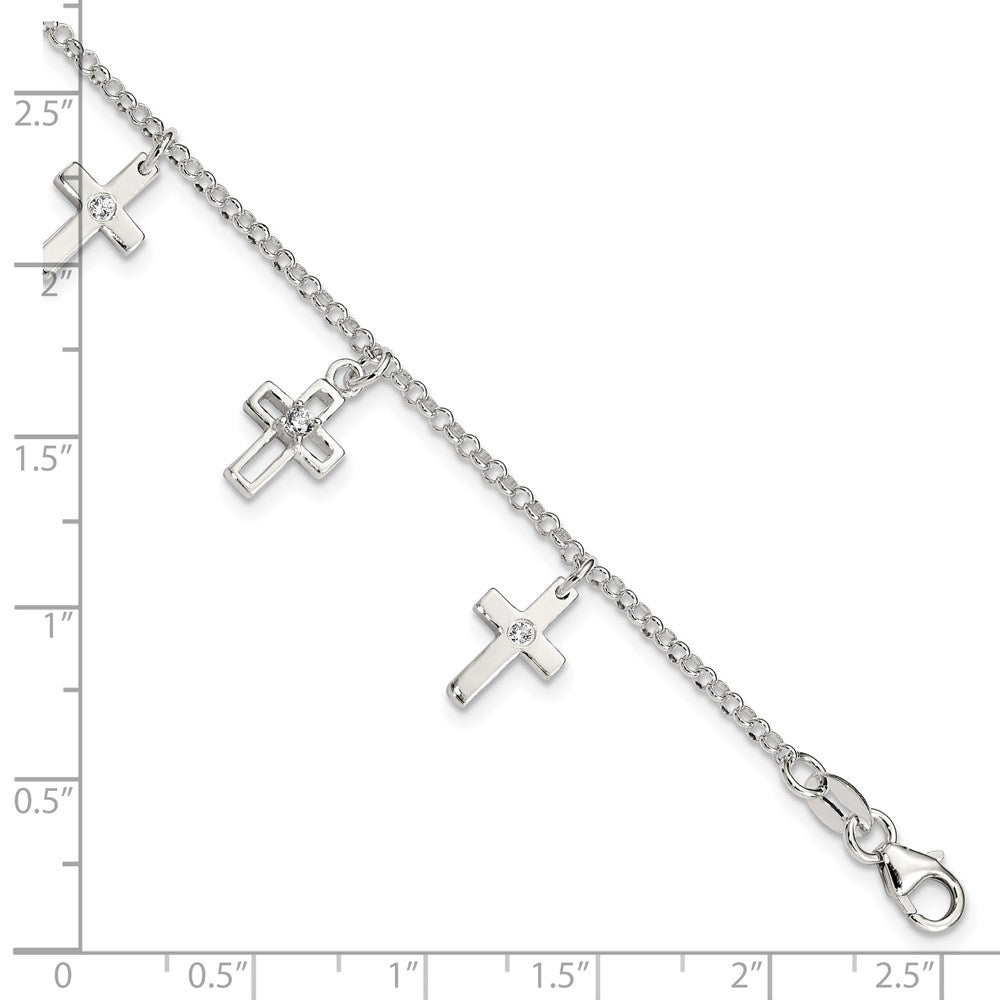 Sterling Silver Polished CZ Crosses w/ 1in Ext. Children's Bracelet