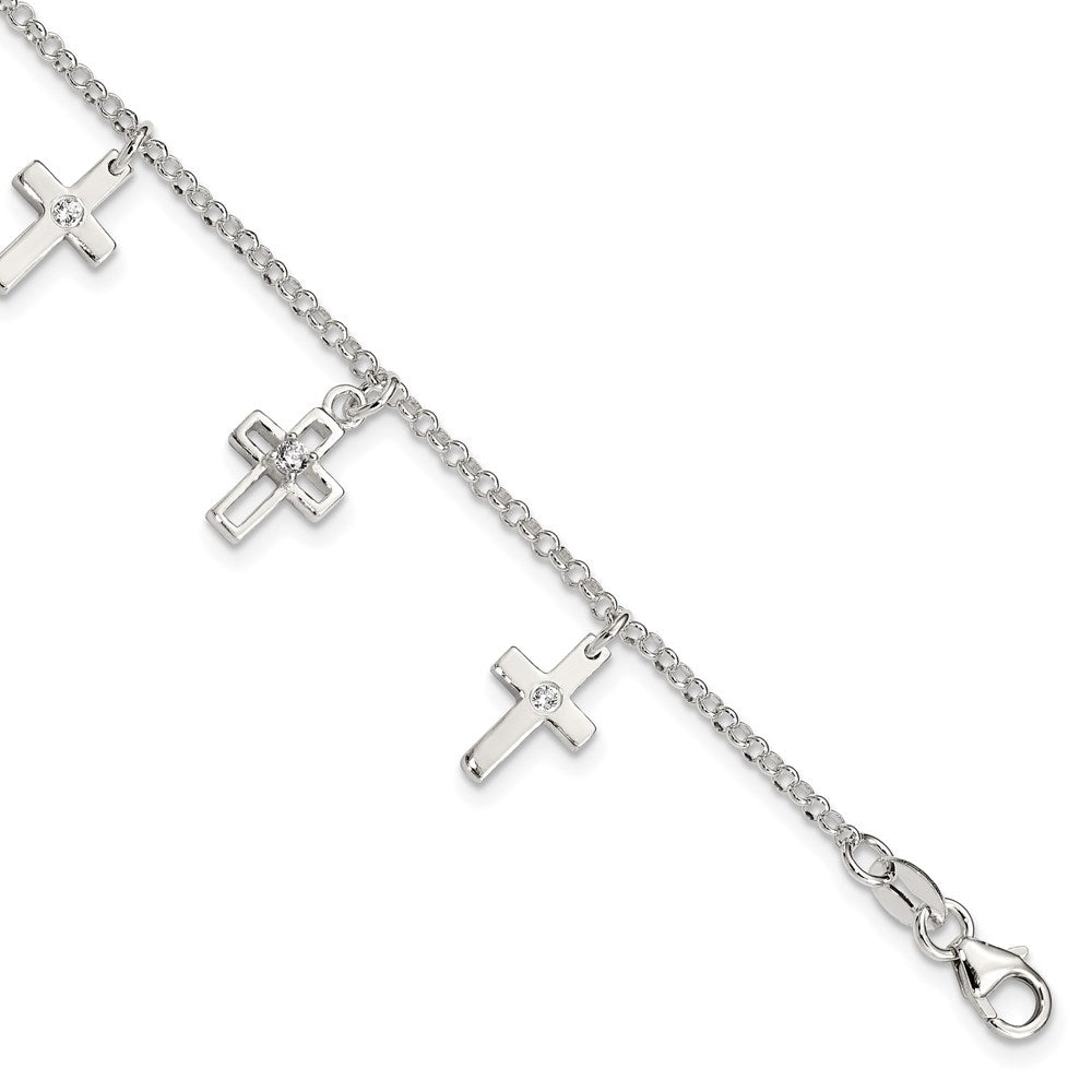 Sterling Silver Polished CZ Crosses w/ 1in Ext. Children's Bracelet