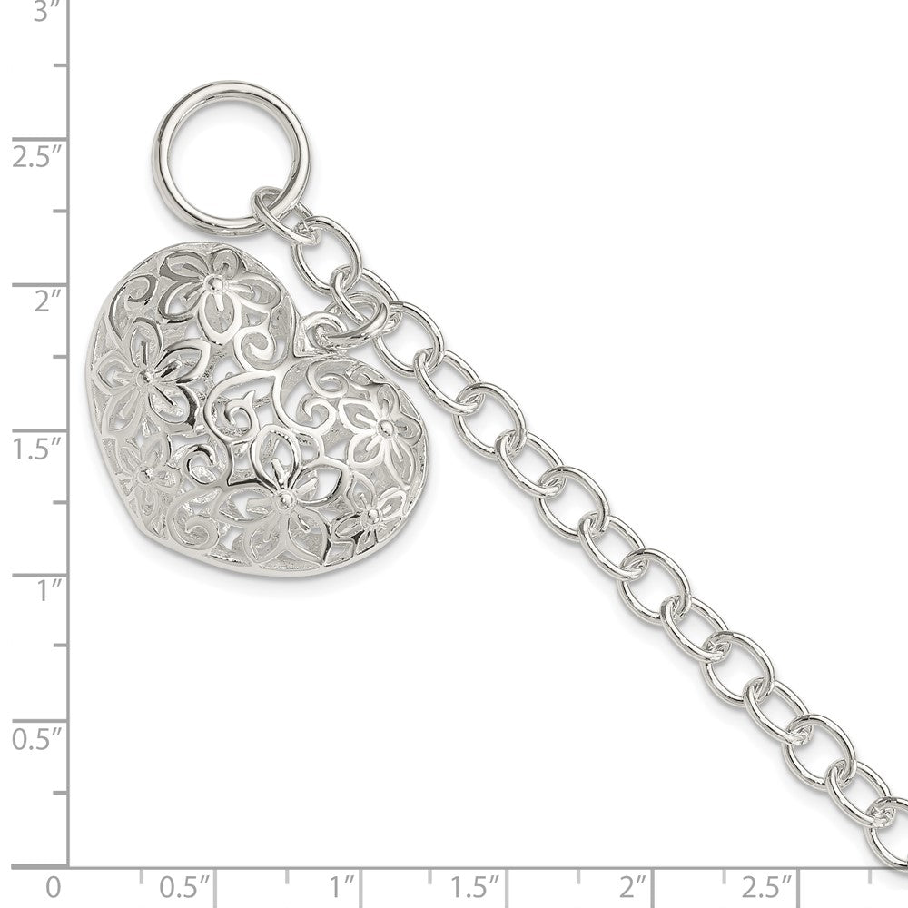 Sterling Silver Puffed Filigree Heart Toggle Bracelet