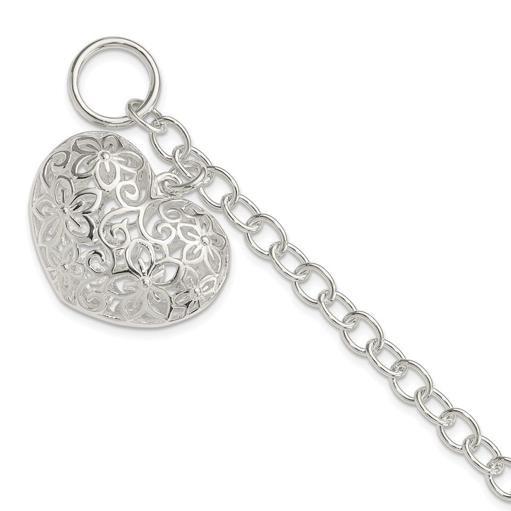 Sterling Silver Puffed Filigree Heart Toggle Bracelet