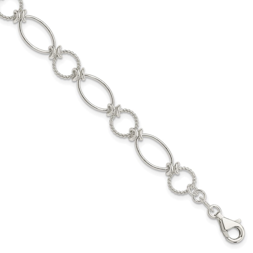 Sterling Silver Polished Textured Fancy Circle and Oval Link Bracelet