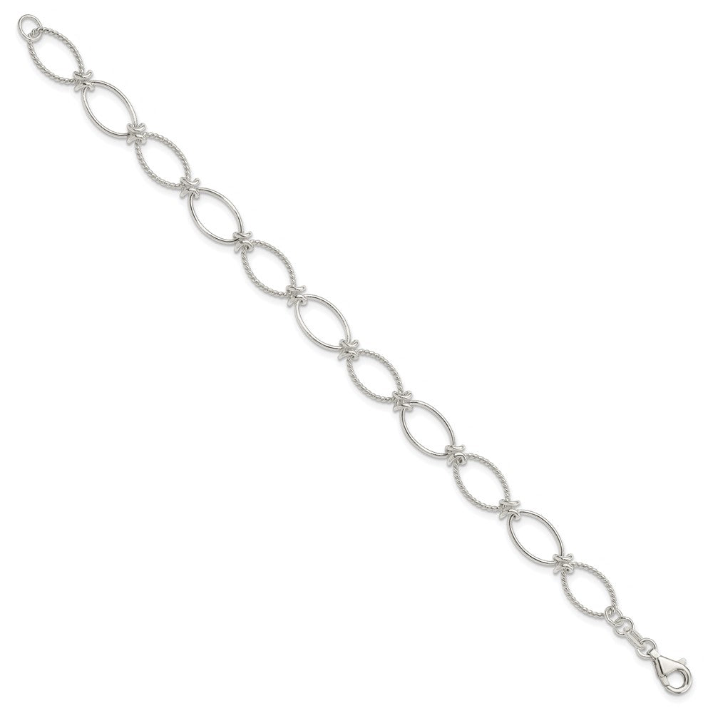 Sterling Silver Polished Textured Fancy Oval Link Bracelet