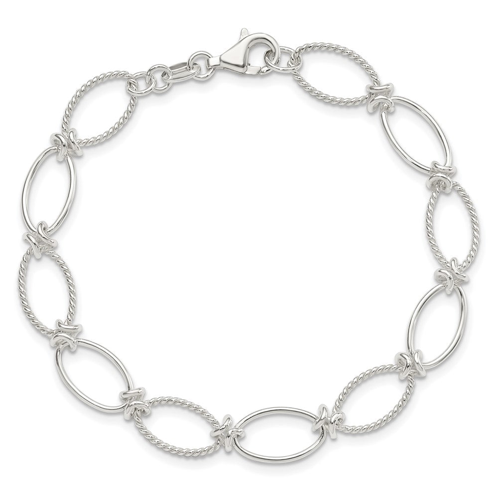 Sterling Silver Polished Textured Fancy Oval Link Bracelet