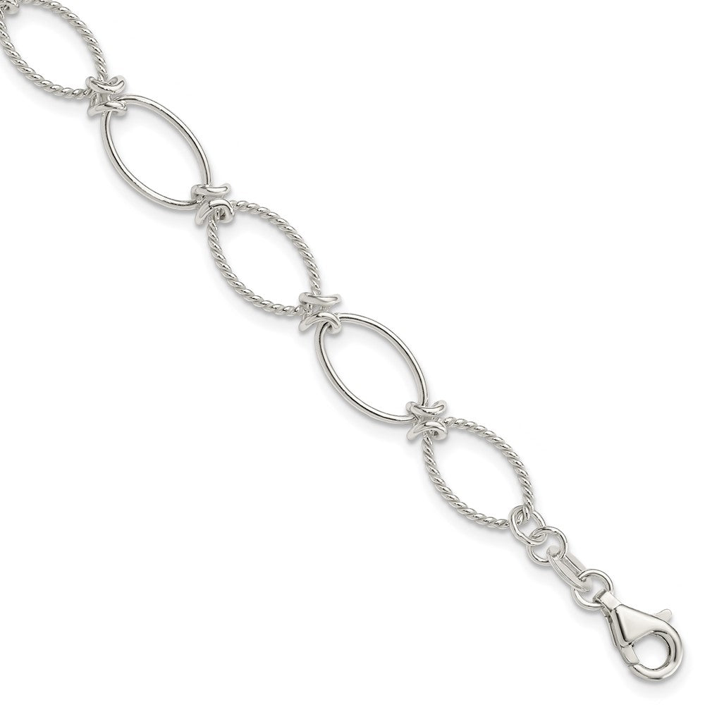 Sterling Silver Polished Textured Fancy Oval Link Bracelet